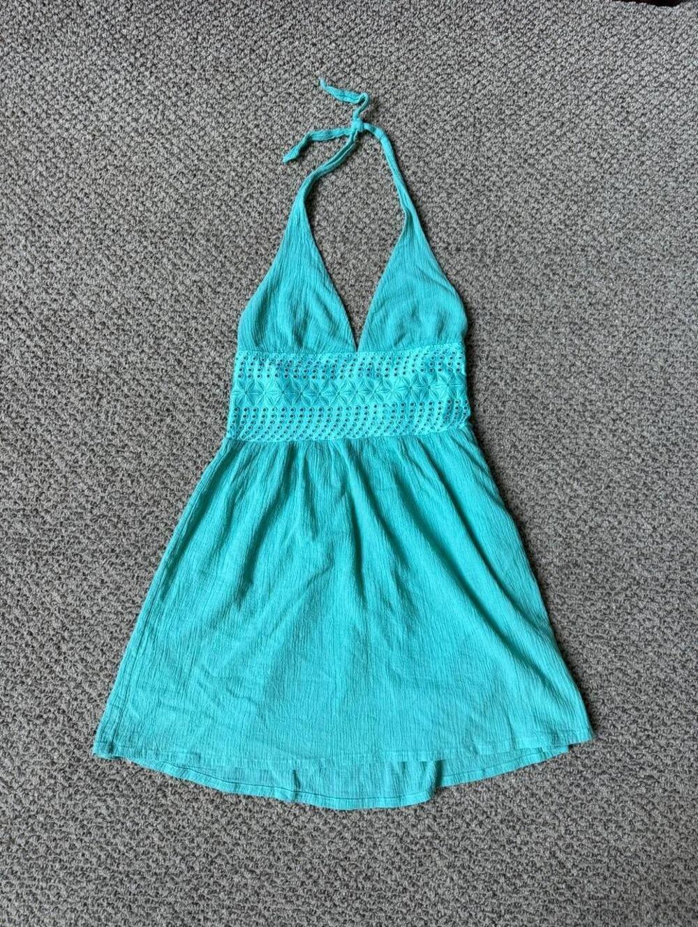 y2k vintage Ralph Lauren teal halter mini dress with eyelet lace detailing
